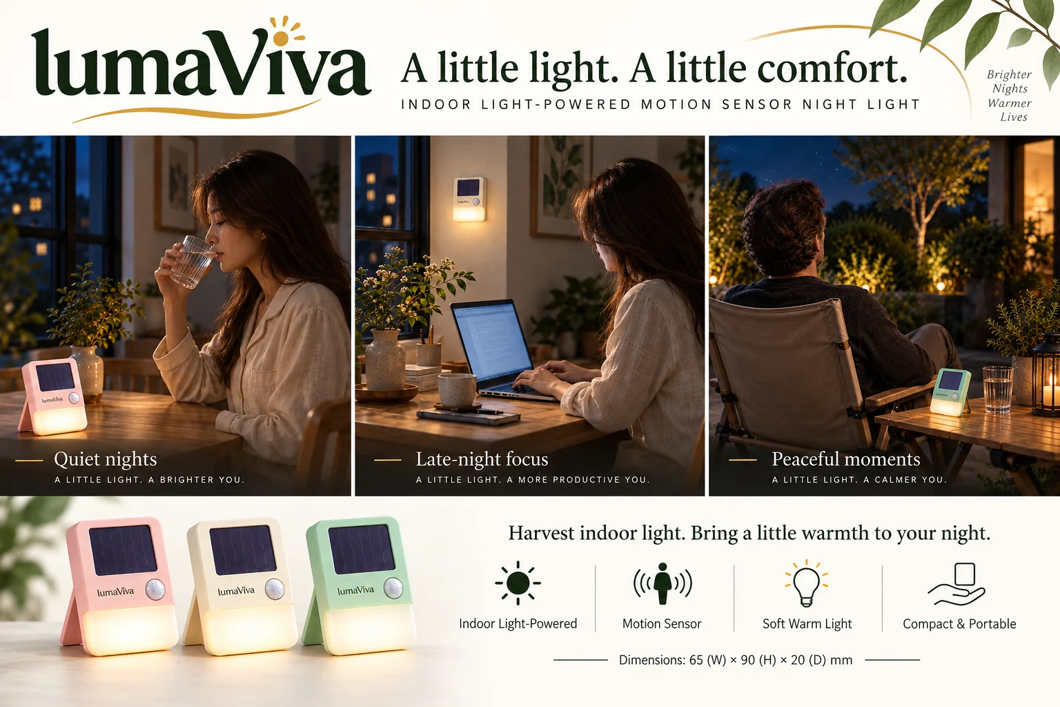 LumaViva lifestyle collection: quiet nights, late-night focus, peaceful moments, and three product colours