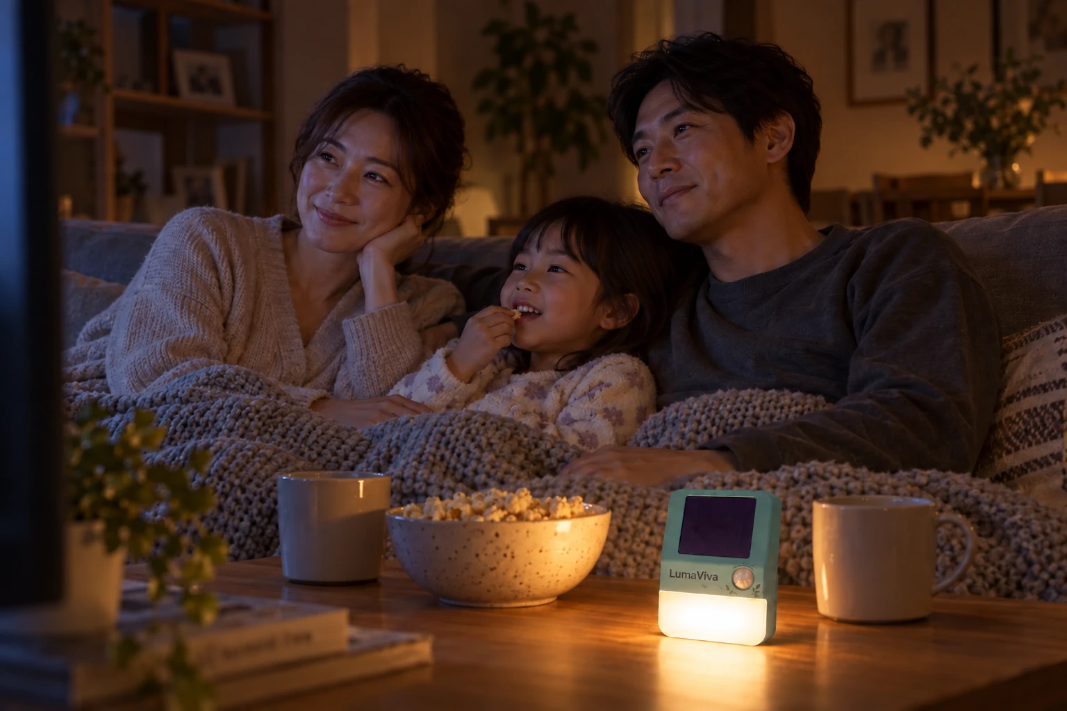 A family watching television with LumaViva glowing on the coffee table