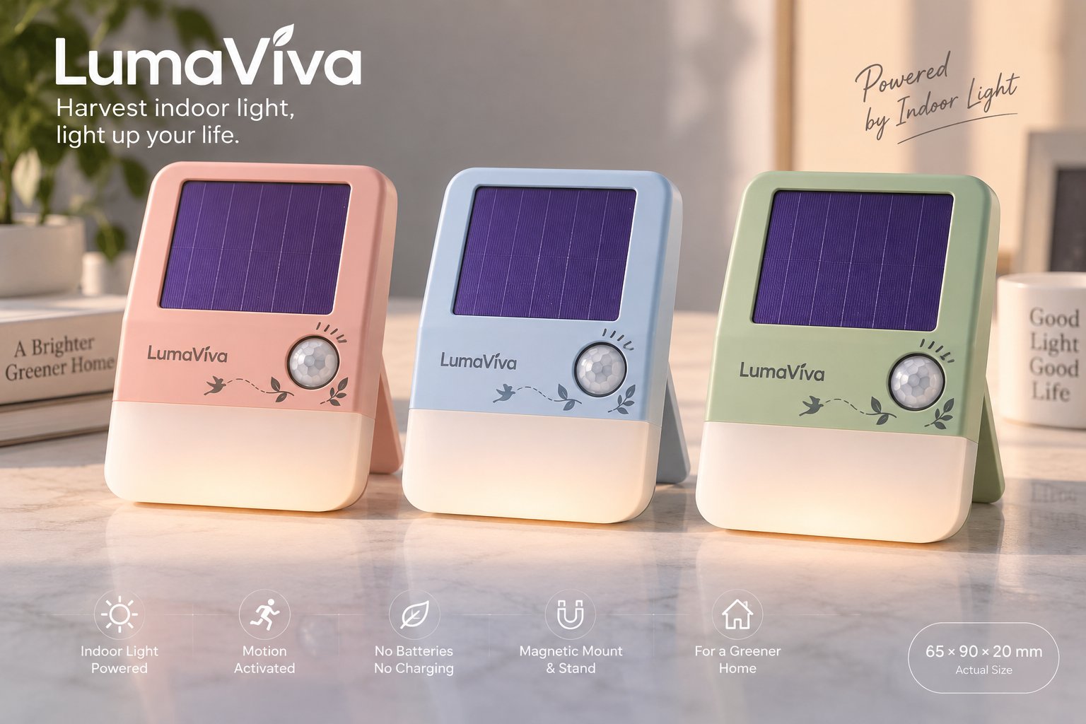 Three LumaViva companion lights in soft pink, mint green and sky blue on a marble tabletop — Harvest indoor light, light up your life. Powered by indoor light.