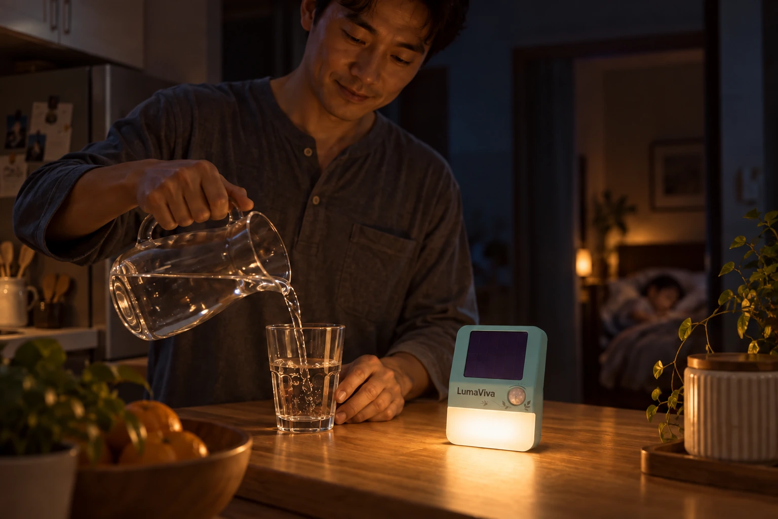 LumaViva on the kitchen counter as a glass of water is poured at night