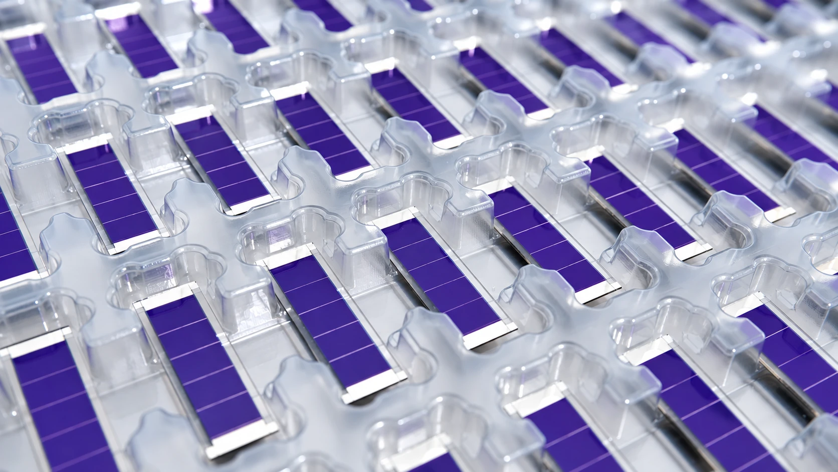 Illustrative arrangement of OPV modules in trays, not a factory photograph
