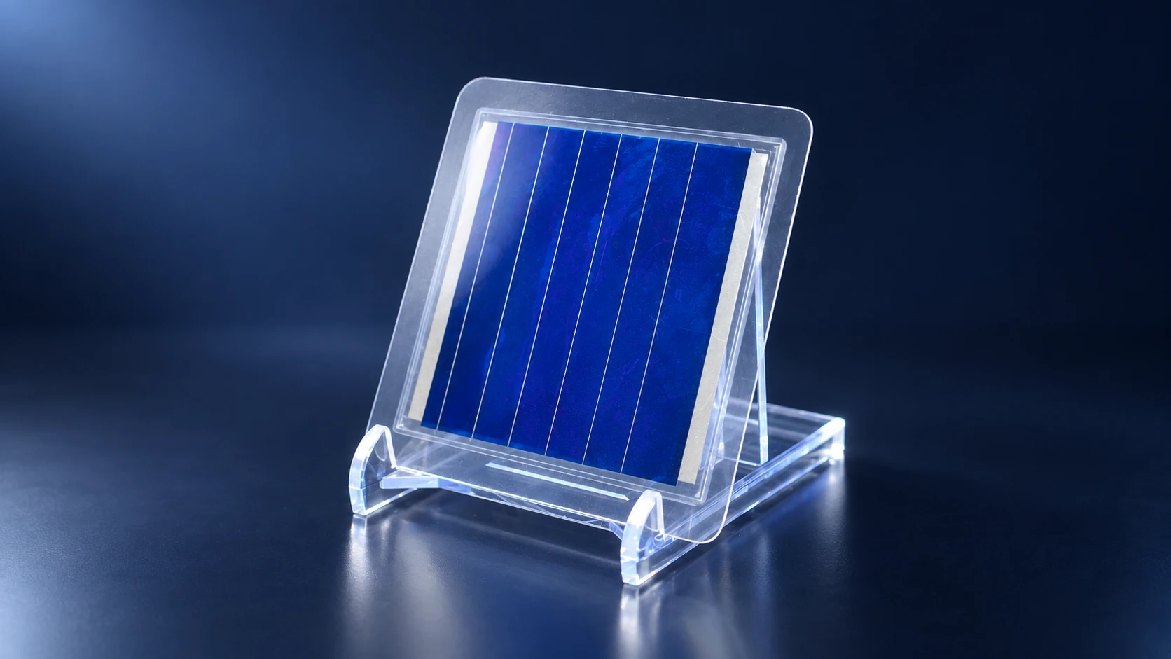 Illustrative OPV panel displayed on a transparent stand