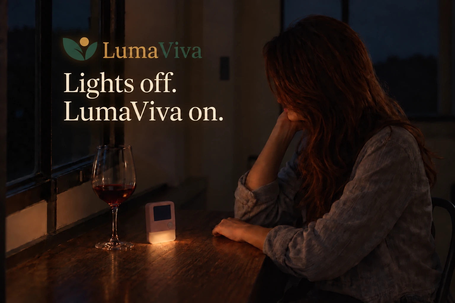 LumaViva: Lights off. LumaViva on. A quiet moment by the window with a pink companion light beside a glass of wine.