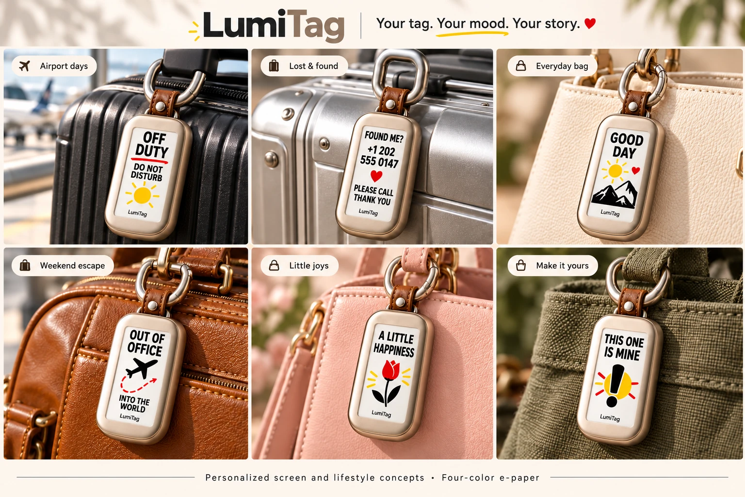 Six English LumiTag screen designs on bags and luggage